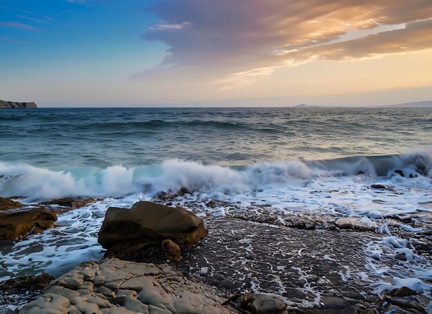 The stunning seascape with the colorful sky and last rays at the rocky coastline of the Black Sea