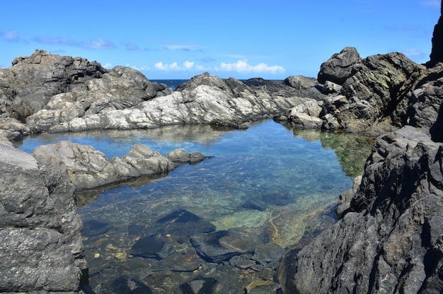 Stunning serene secret hidden natural pool among lava rocks in Aruba