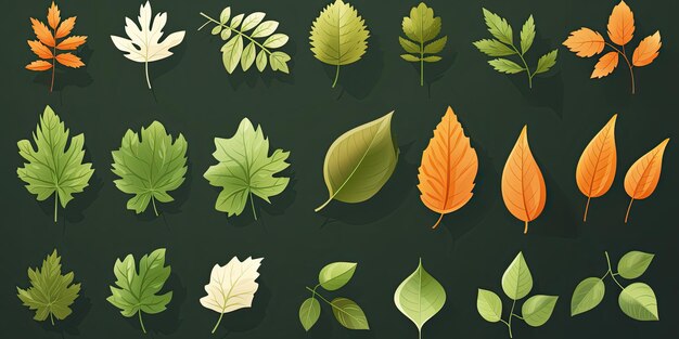 Photo stunning set of tropical green leaves and vintage watercolor autumn leaves isolated on white backgro