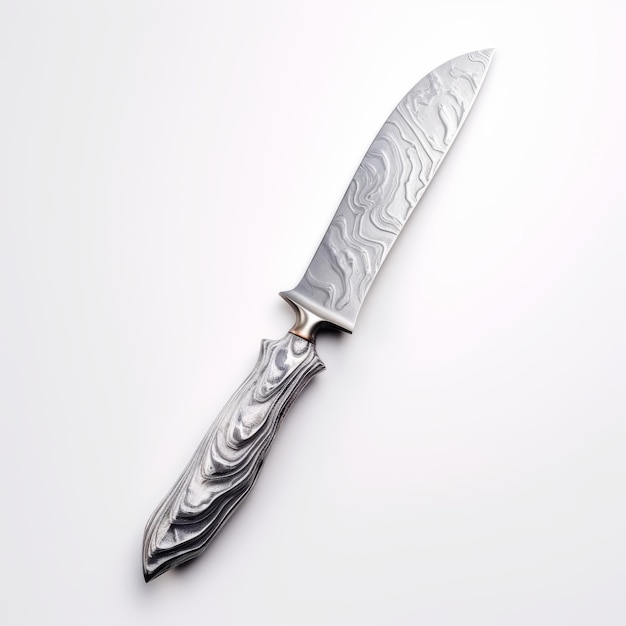 Stunning Silver Knife With Intricate Black Patterns On White Background