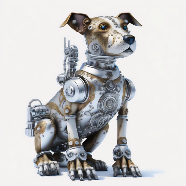 Stunning sitting puppy in robot style illustration in white