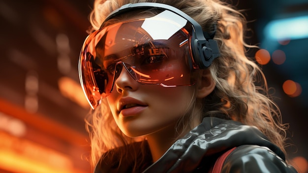 Stunning skyscrapers and an exquisite sunset are reflected in the mirrored visor of a motorbike helmet worn by a cyberpunk woman