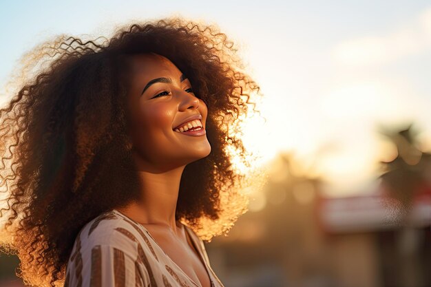 Stunning smile at sunset A pretty young afro american woman smiling confidently as the the sun sets