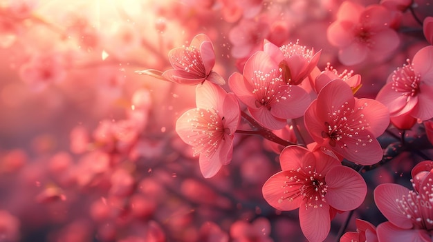 Stunning spring border or background art with pink blossoms Sunrise over blossoming trees Easter day with bright sunshine Spring flowers Orchard abstract blurred background