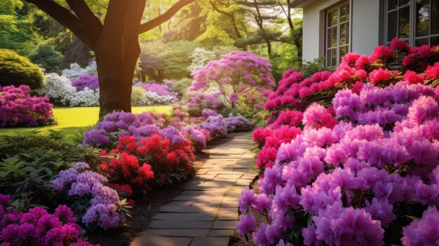 A stunning spring garden with vibrant pink and purple flowers in full bloom