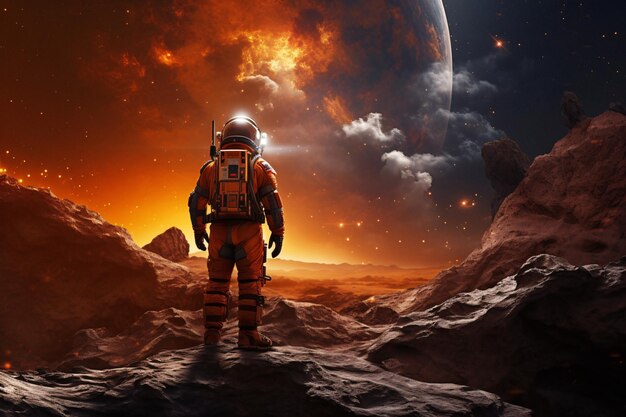 背景の惑星と岩の表面に立つ宇宙服を着た宇宙飛行士の見事なストック画像