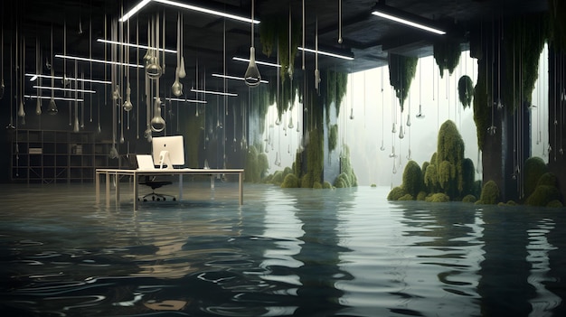 Stunning Stock Image Computer Desk in Flooded Room with Majestic Waterfall AweInspiring Nature