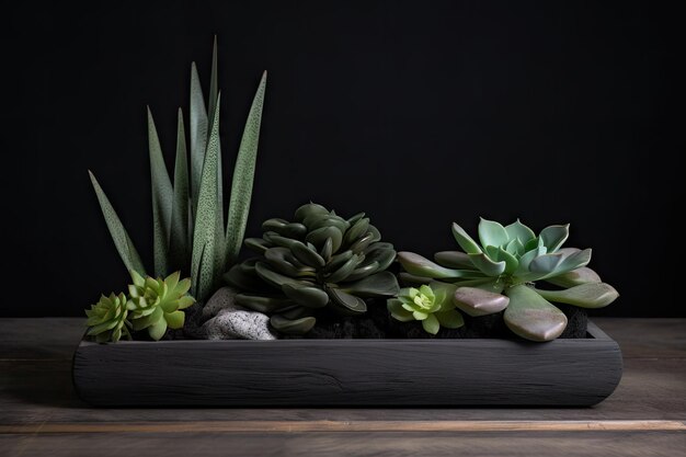 Stunning succulent in black concrete pot with rustic wooden tray