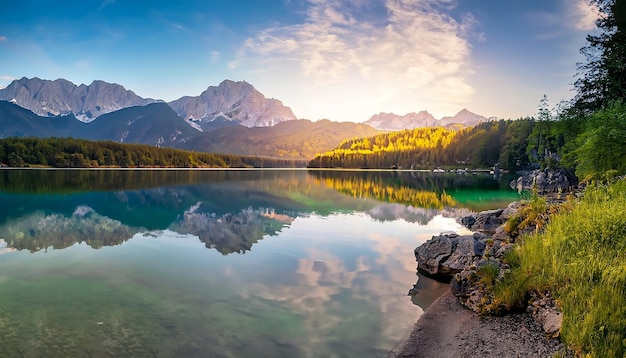 A stunning summer sunrise over eibsee lake and the zugspitze mountain range in the sunny outside