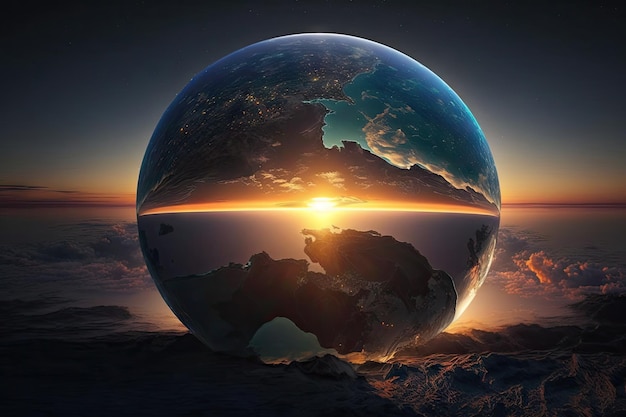 A stunning sunrise over a globe with rays of light illuminating the oceans and continents