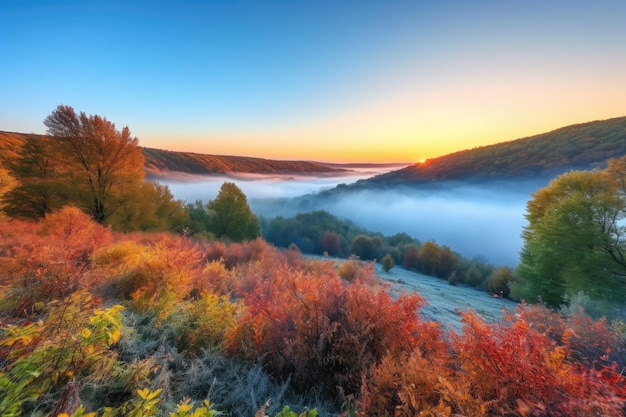 Stunning sunrise over misty hillside with colorful foliage and blue skies created with generative ai