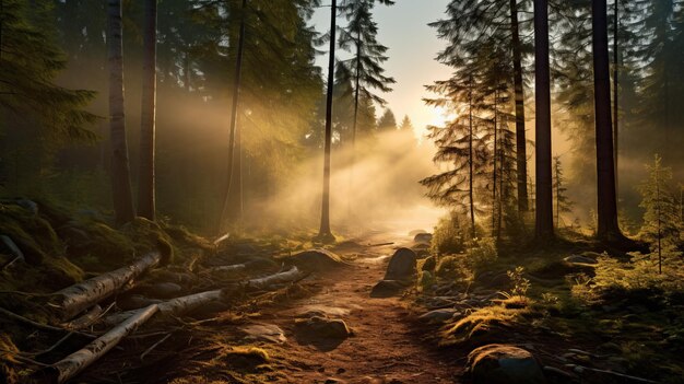 Photo stunning sunrise trail in russian forest uhd stock photo with god rays