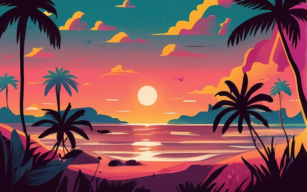 stunning sunset on a beach illustration