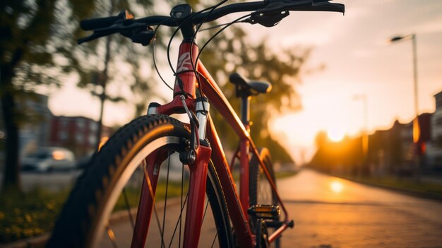 Photo stunning sunset bicycle closeup shot with vibrant colors
