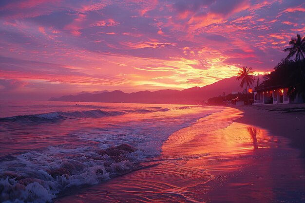 Удивительный закат над тропическим пляжем с яркими цветами
