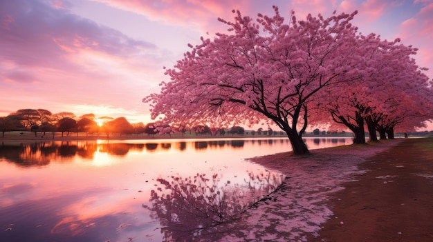 空をピンクとオレンジ色に染める美しい夕日