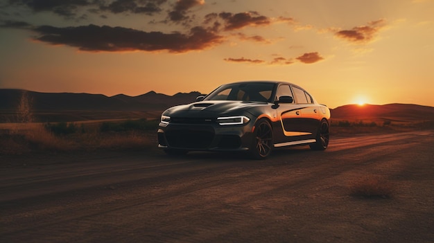 Stunning Sunset Shot Of Dodge Charger On Desert Road