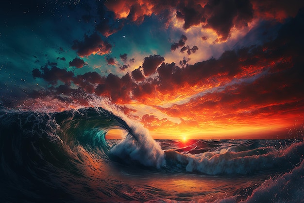 見事な夕焼け空と海の波