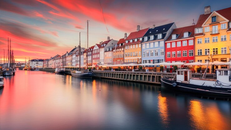 Stunning sunset over the vibrant Nyhavn waterfront in Copenhagen with boats and lively cafes