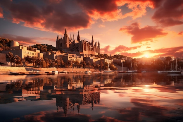 The Stunning Sunset View of La Seu Cathedral in Palma de Mallorca Generative Ai