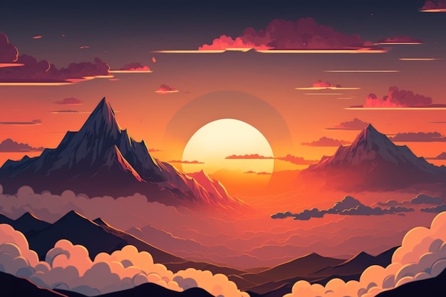 A stunning sunset view of mountains and a sea of clouds Generative AI