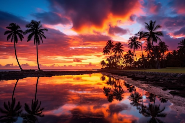 Stunning sunset with palm trees reflected in the water