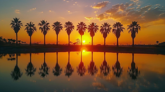 Stunning Sunset With Palm Trees Reflecting in Water