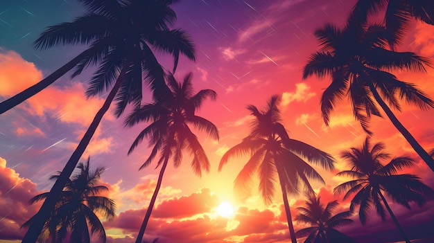 Photo stunning sunset with palm trees and star trail captivating stock image for a ser