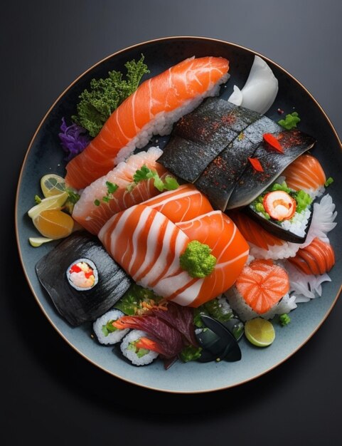 A stunning sushi plate featuring a unique selection of freshly caught seafood crafted with an AI