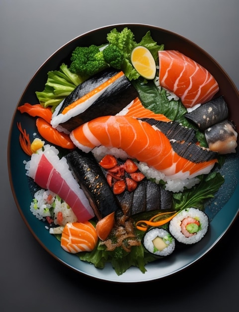 A stunning sushi plate featuring a unique selection of freshly caught seafood crafted with an ai