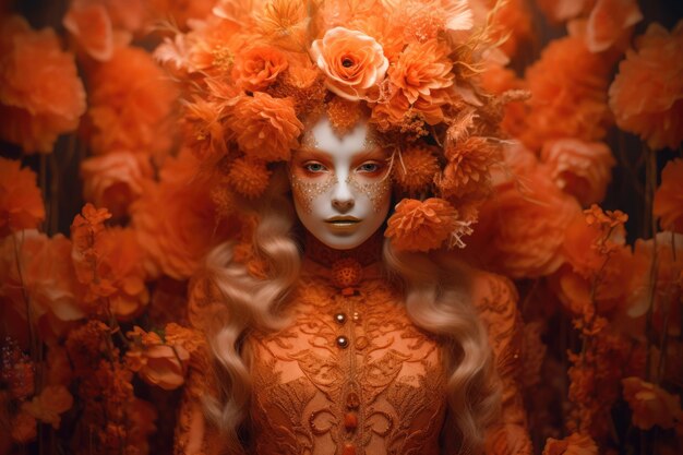 A stunning swedish woman dressed in orange costume with flowers in her hands in the style of ethereal dreamscapes beautiful Generative AI AIG32