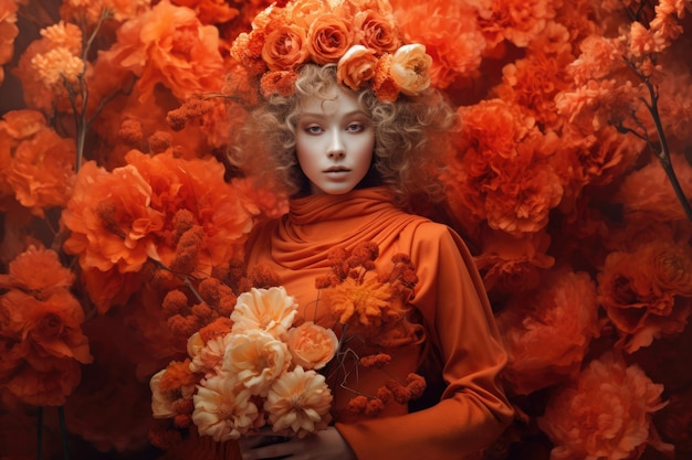 A stunning swedish woman dressed in orange costume with flowers in her hands in the style of ethereal dreamscapes beautiful Generative AI AIG32