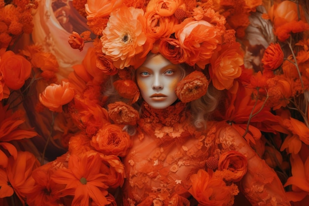 A stunning swedish woman dressed in orange costume with flowers in her hands in the style of ethereal dreamscapes generative ai aig32