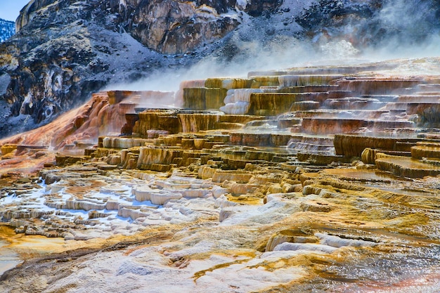 Stunning terrace hot spring in yellowstone winter