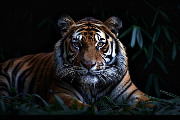 Stunning Tiger Lying in Grass Against Black Background