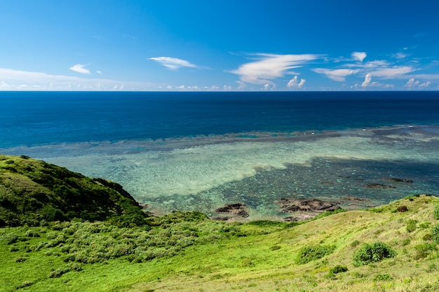 Потрясающий вид сверху на темно-синий океан, полный коралловых рифов, прибрежных скал, зеленая трава, остров Исигаки