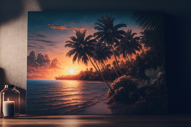 Stunning tropical sunset with coconut palm palms near the beach and a vintage toned blue sky