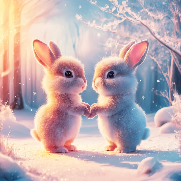 A stunning two cute rabbits in a winter wonderland