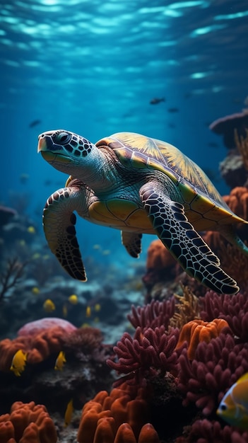 Stunning underwater scenery of colorful fish and turtles