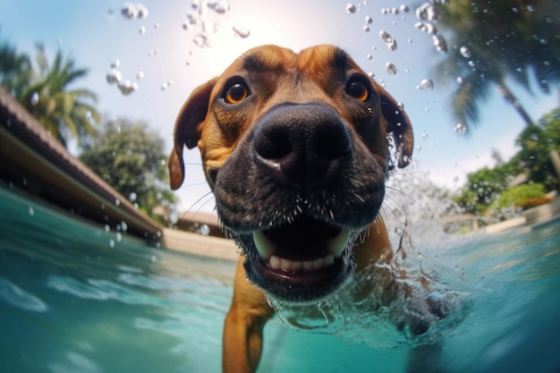 遊び心のある犬がプールに飛び込む見事な水中ショット