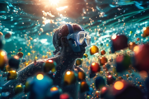 A stunning underwater view of a swimming competition with bubbles and refracted light streaming around powerful athletes