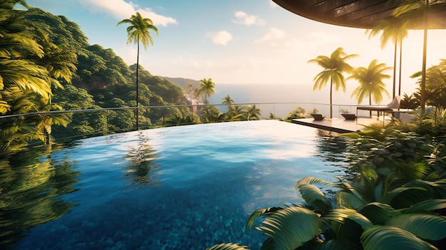 A stunning and unique infinityedge pool suspended above a tropical jungle with a panoramic view of the ocean and coastline