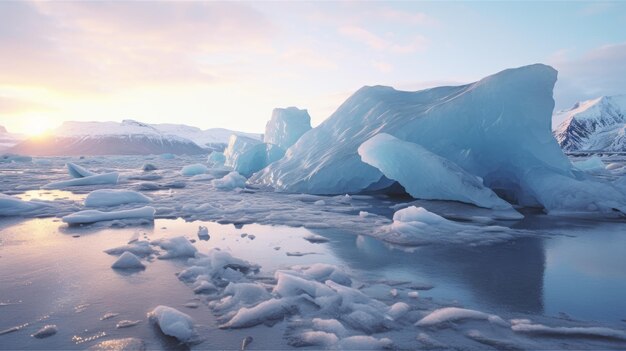 Stunning Unreal Engine 5 Image Icebergs bij zonsondergang in 32k Uhd