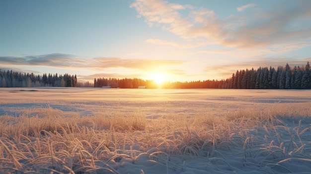 Ошеломляющий нереальный двигатель Зимний пейзаж Замороженное поле на закате