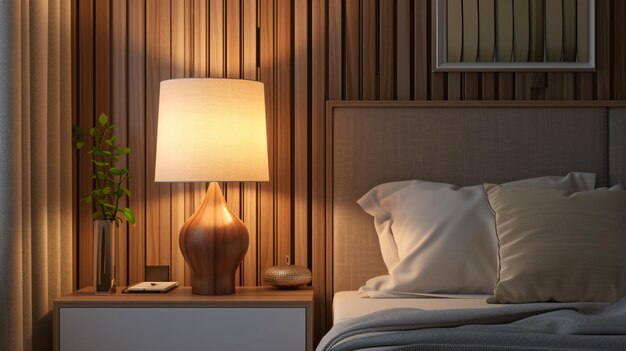 A stunning upscale table lamp is elegantly displayed on a modern nightstand radiating a warm and inviting glow Its sleek design and impeccable craftsmanship make it a statement piece in an