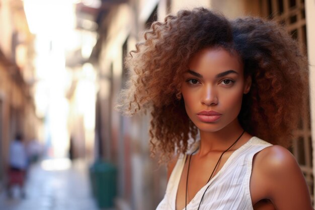 Stunning urban chic African American woman with curly hair