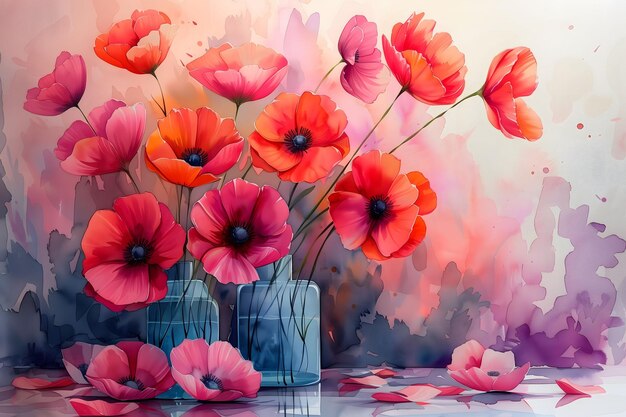 Stunning Vase of Vibrant Poppies in Watercolor Evoke the Joy and Vivacity of a Heartfelt Mothers Day