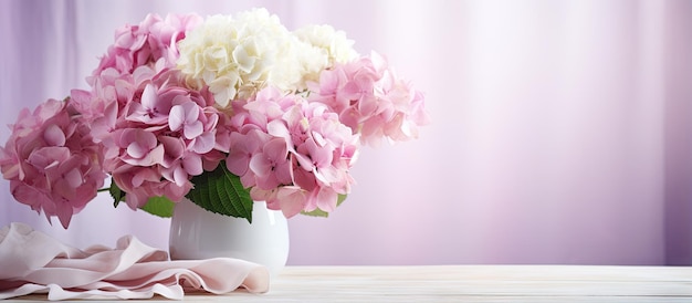 Stunning vase with pink lilac and white hydrangeas cozy home interior with a pink tablecloth