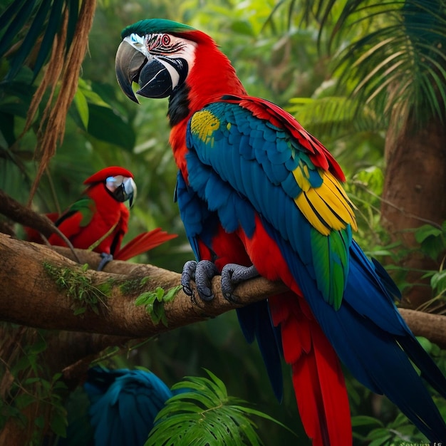 Потрясающая и яркая тропическая птица в пышных джунглях