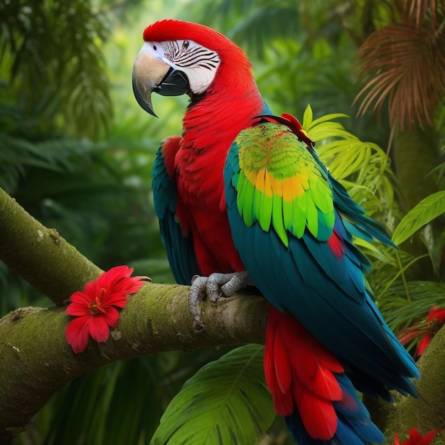 A stunning and vibrant tropical bird in the lush jungle